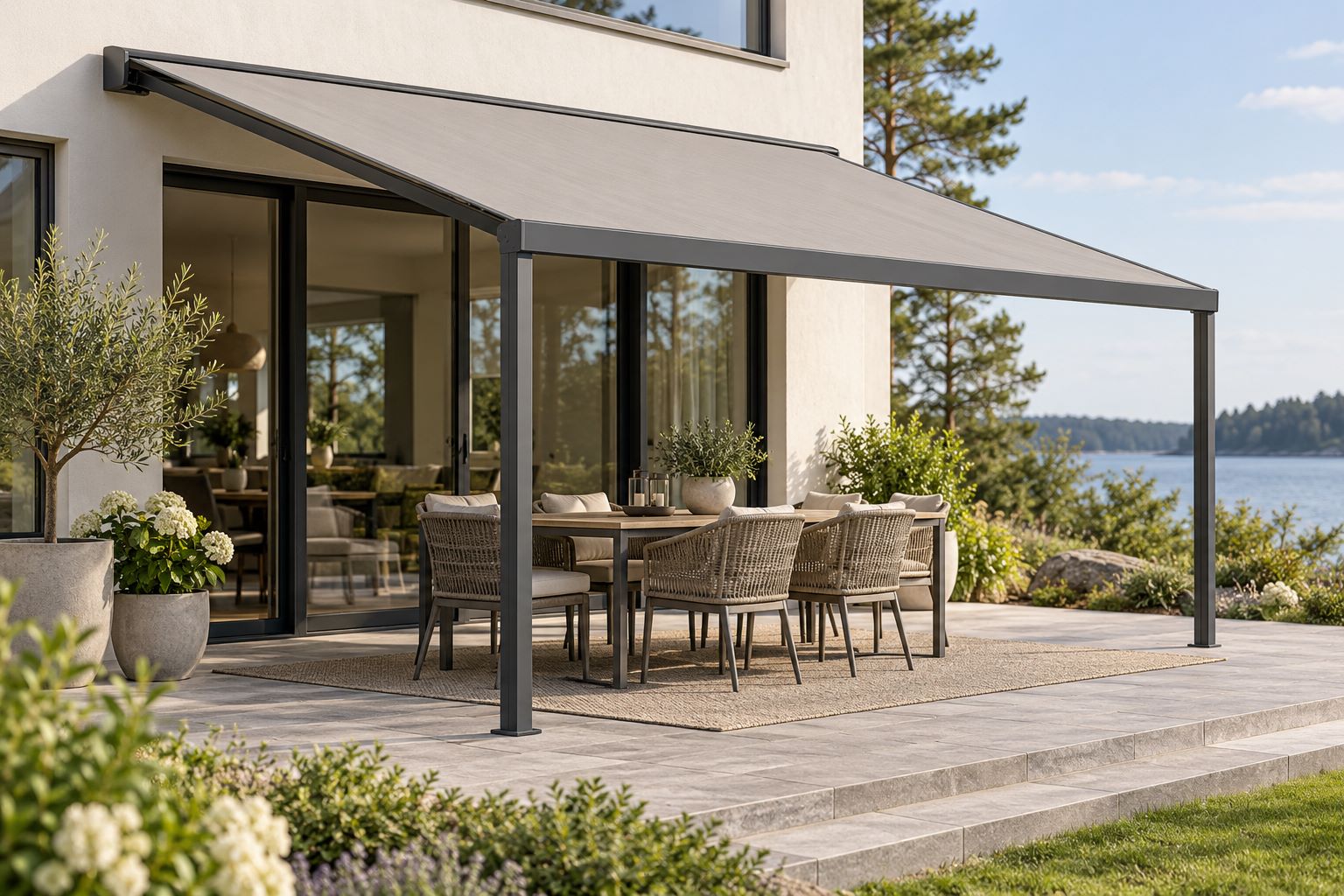 Pergolamarkis med ljusgrå väv och mörkgrå stödben över en matplats på en stenlagd terrass.