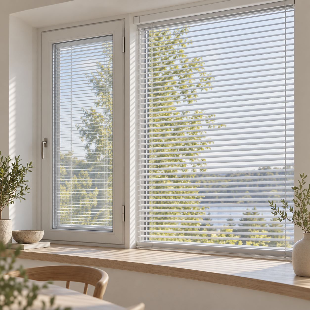 Vita persienner i två fönster med vinklade lameller som släpper in dagsljus.