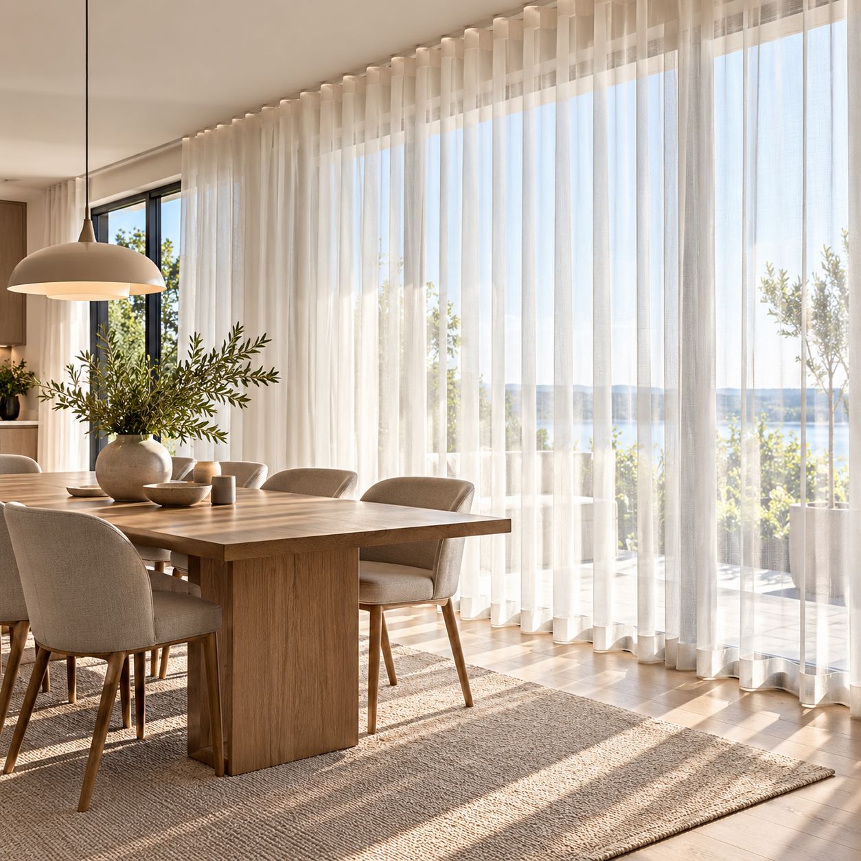 Måttbeställda skira wavegardiner från tak till golv i modernt matrum